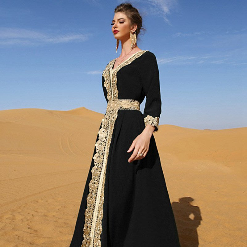 Muslim Women Middle East Vintage Elegant Caftan Kaftan Dress With Lace Embroidered