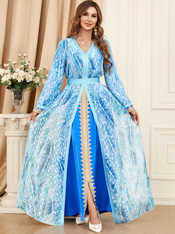 2 Pieces Set Printed Caftan Kaftan Dress With Long Sleeve Inner Dress For Eid