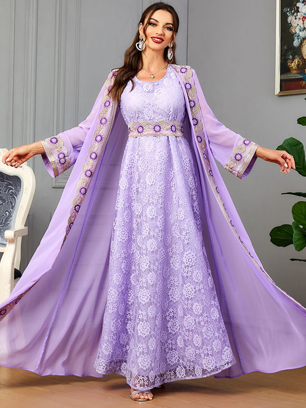 2 Pieces Set Chiffon Lace Caftan Kaftan Dress With Inner Sleeveless Dress