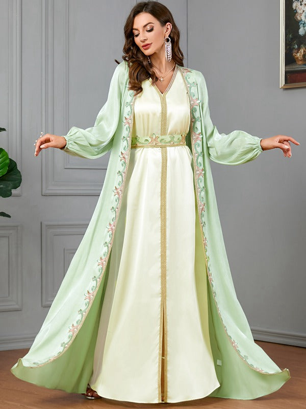 Arab Women 2 Pieces Set Green Printed Caftan Kaftan Dress Forr Eid And Celebration