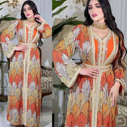2 Pieces Set Hotfix Rhinestone Printed Caftan Jalabiya Kaftan Dress With Inner Liner Dress