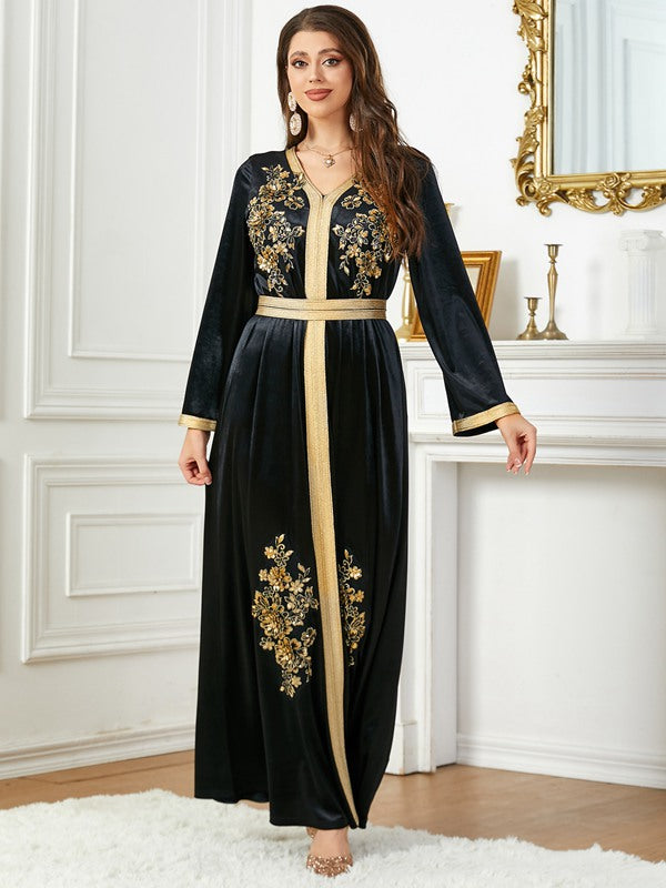 Winter Fall Sequins Applique Arab Women Caftan Kaftan Dress