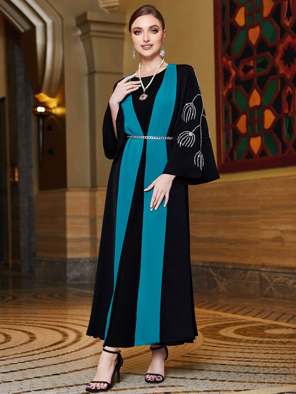 Flare Sleeve Hand-stitched Rhinestones Muslim Women Open Abaya Dress