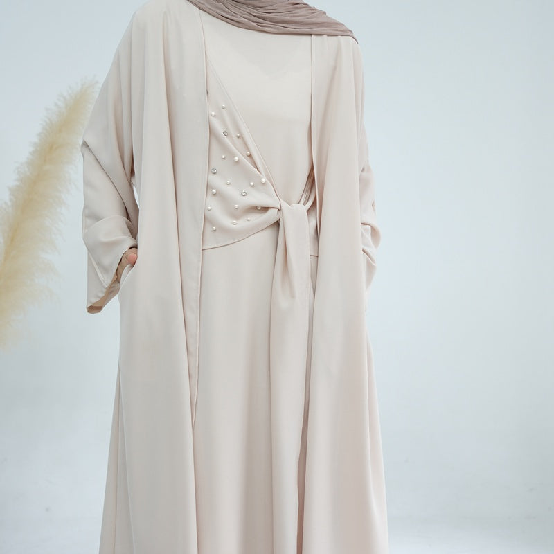 2 Pieces Set Spandex Pearl Open Abaya Dress For Muslim Women
