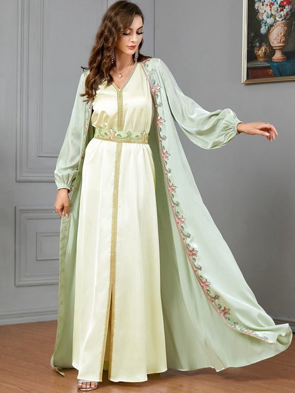 Arab Women 2 Pieces Set Green Printed Caftan Kaftan Dress Forr Eid And Celebration