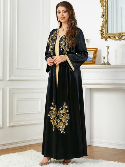 Winter Fall Sequins Applique Arab Women Caftan Kaftan Dress