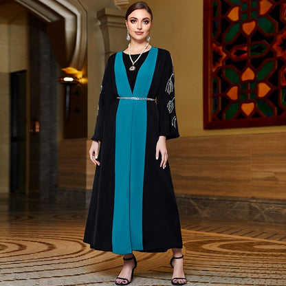 Flare Sleeve Hand-stitched Rhinestones Muslim Women Open Abaya Dress