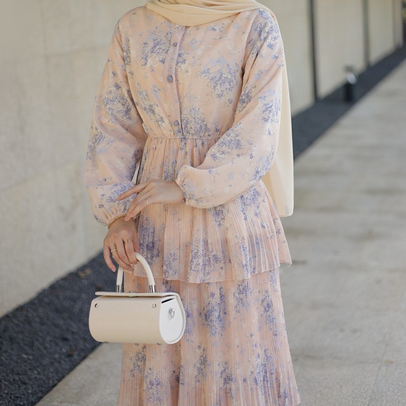 Cute Chiffon Flower Printed Long Abaya Dress