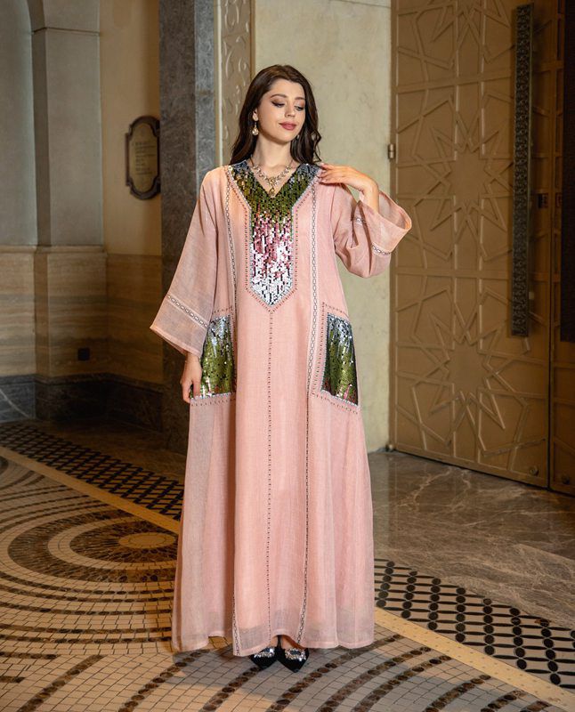 Eid Dress Sequin Embroidery Women Kaftan Dress Jalabiya