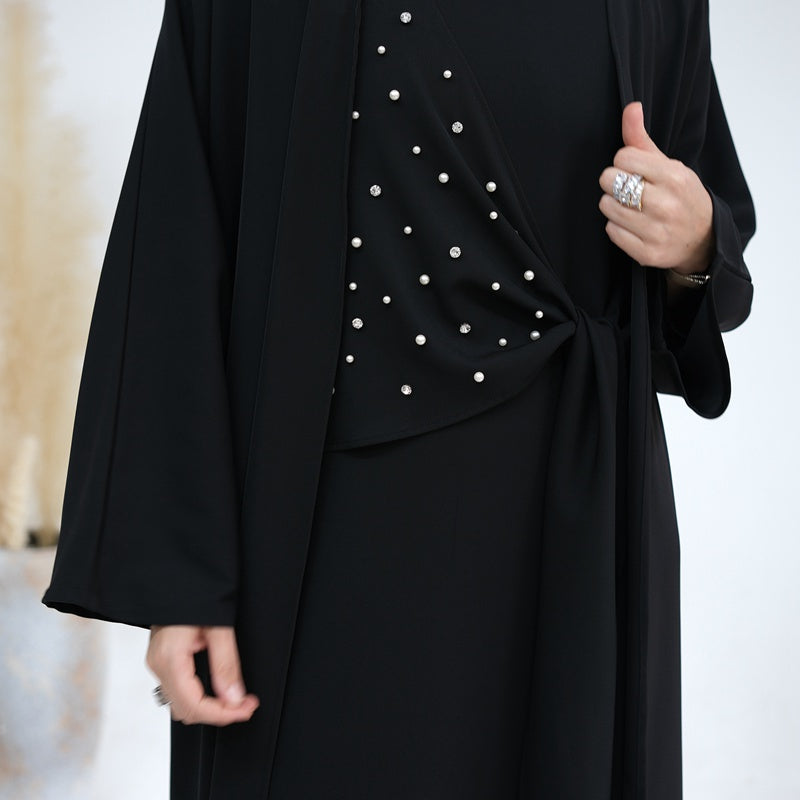 2 Pieces Set Spandex Pearl Open Abaya Dress For Muslim Women