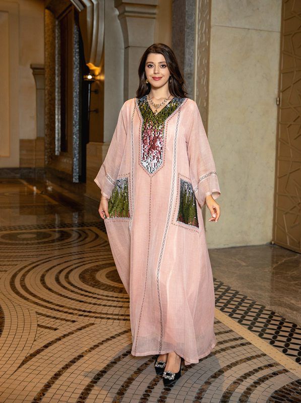 Eid Dress Sequin Embroidery Women Kaftan Dress Jalabiya