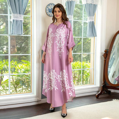 EID Ramadan Muslim Women Printed Abaya Kaftan Dress With Pearl