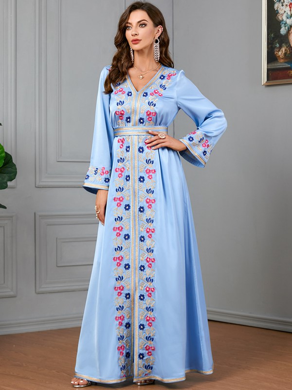 Flower Embroidery Arab Women Cafan Kaftan Dress For Eid, Evening Party And Wedding