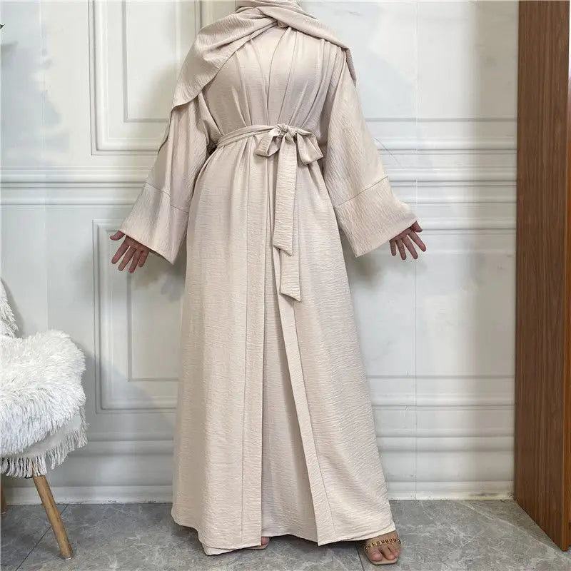 2 Pieces Set Wrinkle Muslim Women Abaya Dress Set With Open Abaya And Sleeveless Inner Dress