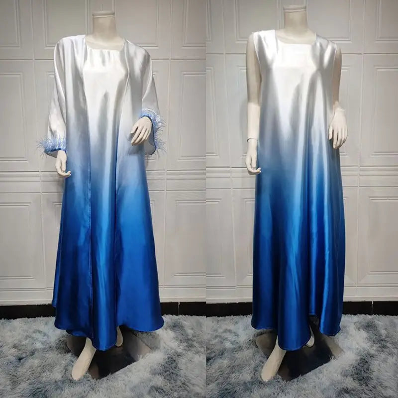 2 Pieces Set Color Gradient Satin Open Abaya Dress With Inner Sleeveless Dress