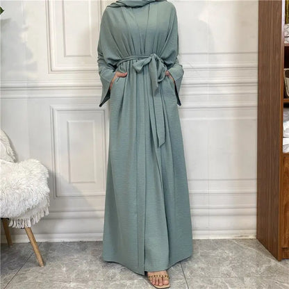 2 Pieces Set Wrinkle Muslim Women Abaya Dress Set With Open Abaya And Sleeveless Inner Dress