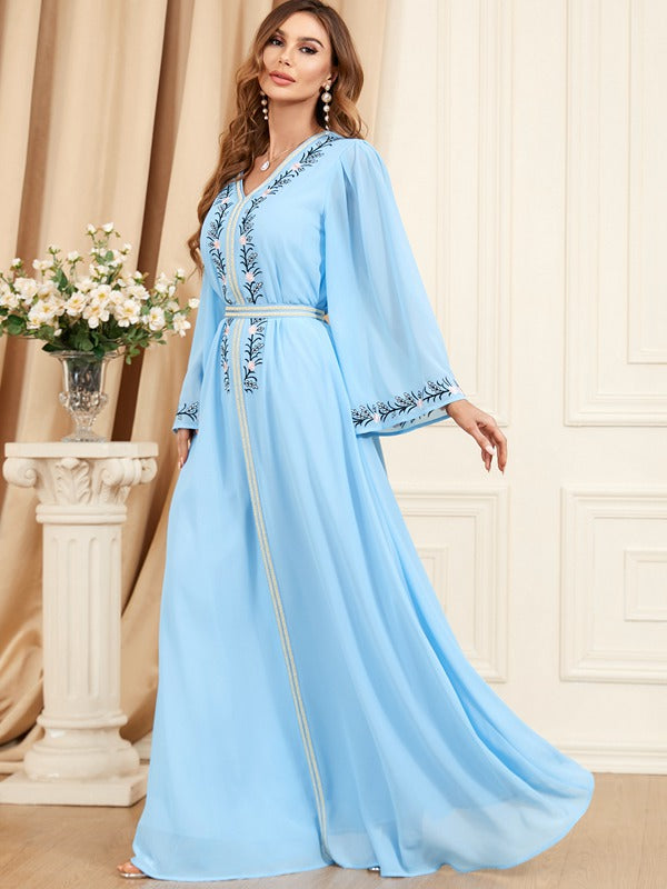 Middle East Muslim Women Casual Party Wear Embroidery Chiffon Caftan Kaftan Dress