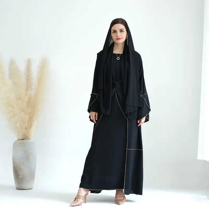 Muslim Women 4 Pieces Sets Wrinkle Open Abaya Dress Set With Out Abaya, Mid Wrap, Inner Sleeveless Dress And Hijab Scarf