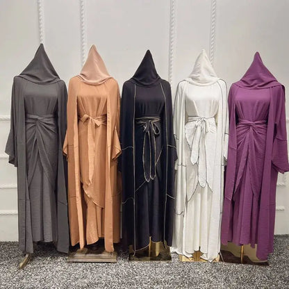 Muslim Women 4 Pieces Sets Wrinkle Open Abaya Dress Set With Out Abaya, Mid Wrap, Inner Sleeveless Dress And Hijab Scarf