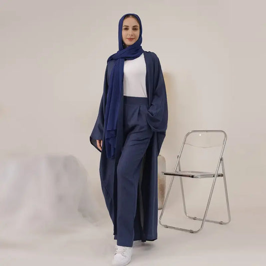 2 Pieces Set Open Abaya With Matching Pants Muslim Ladies Women Work Clothes Office Wear Abaya Pants Set
