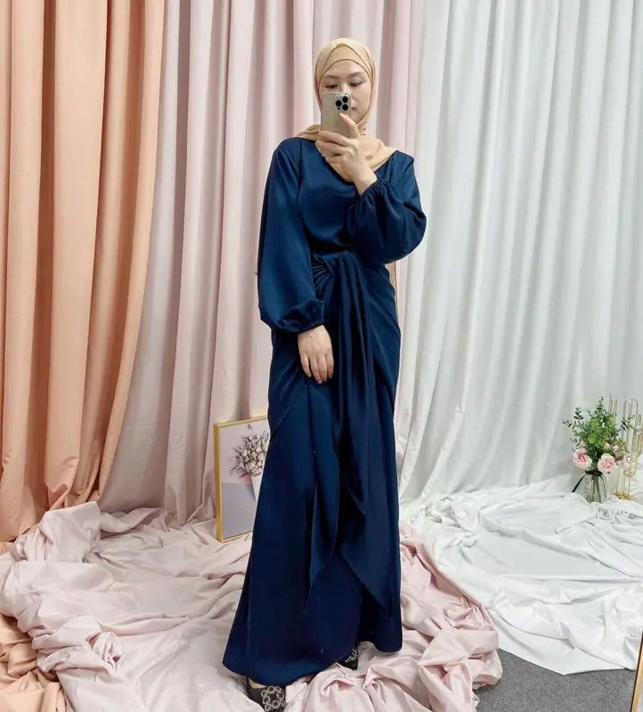 Satin Abaya Dress With Midi Wrap For Muslim Women