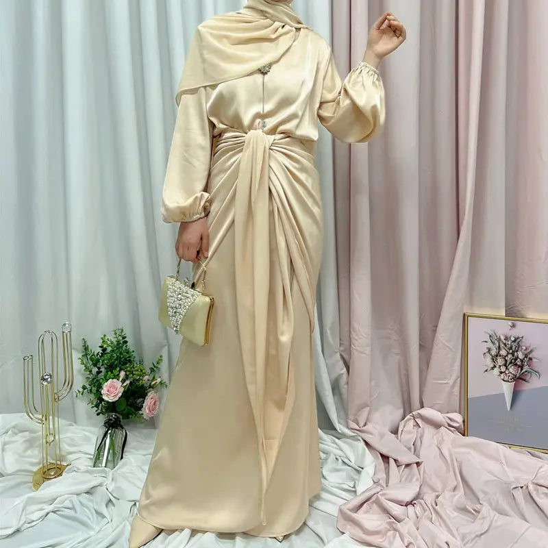 Satin Abaya Dress With Midi Wrap For Muslim Women