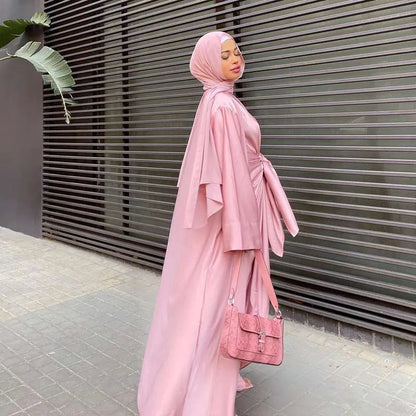2 Pieces Set Muslim Women Solid Color Open Cardigan Abaya Dress Suit