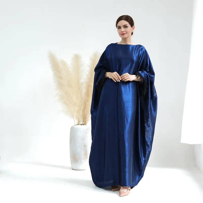 Muslim Women Feather Sleeve Nylon Cotton Abaya Dress--For Daily Life, Wedding, Party, and Graduation