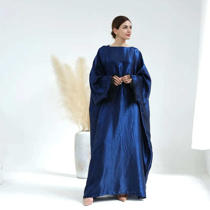 Muslim Women Feather Sleeve Nylon Cotton Abaya Dress--For Daily Life, Wedding, Party, and Graduation
