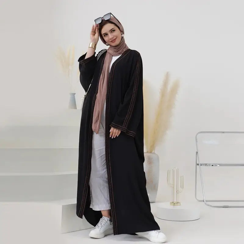 Embroidered Lace Cardigan Open Abaya Dress For Muslim Women