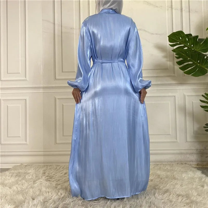 Bright Silk Feeling Satin Open Abaya Dress For Muslim Women