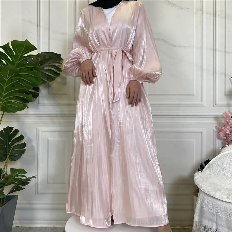 Bright Silk Feeling Satin Open Abaya Dress For Muslim Women
