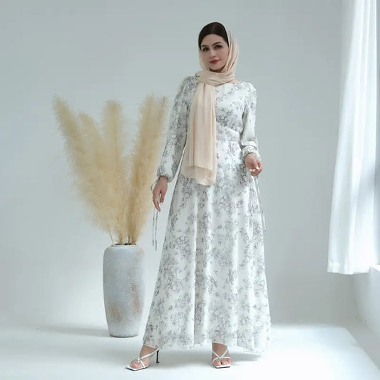 Chiffon Printed Muslim Women Abaya Dress With Lining