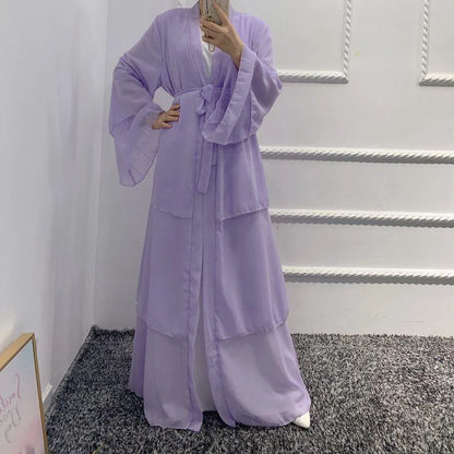 Muslim Women 3 Layer Chiffon Open Abaya Dress With Hijab