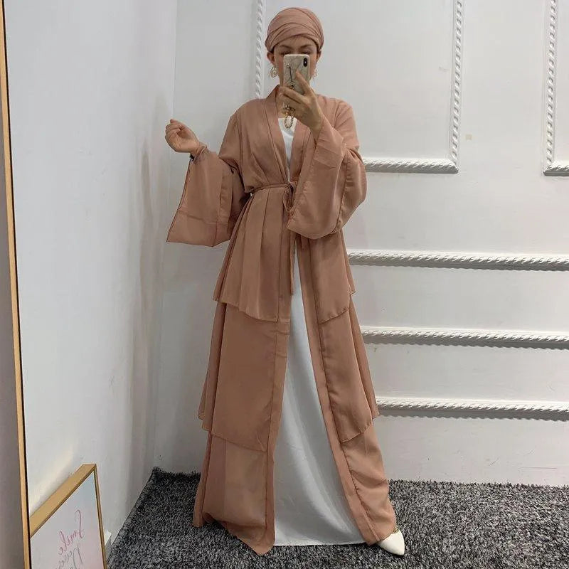Muslim Women 3 Layer Chiffon Open Abaya Dress With Hijab