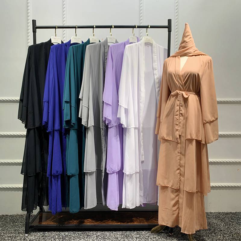 With Hijab Scarf 3 Layer Chiffon Open Abaya Dress For Muslim Women