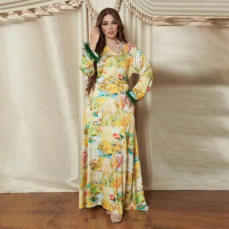 Feather Sleeve Rhinestone Kaftan Cafan Dress For Muslim Women
