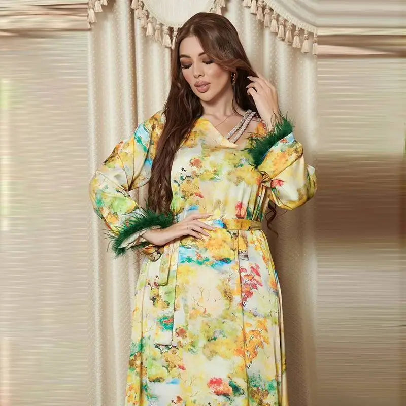 Feather Sleeve Rhinestone Kaftan Cafan Dress For Muslim Women