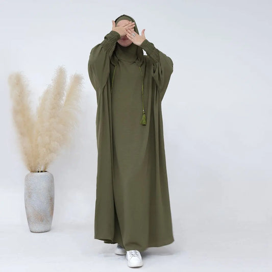 Muslim Women Hooded Jilbab Prayer Dress Cotton Blend Abaya Dress
