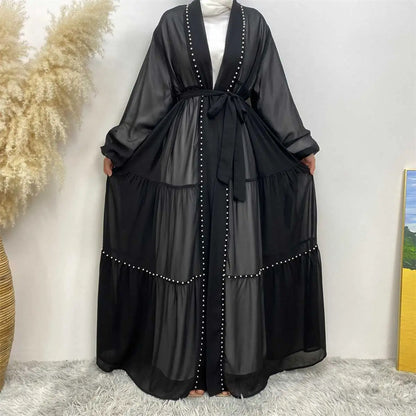 Muslim Women Chiffon Beads Open Abaya Dress