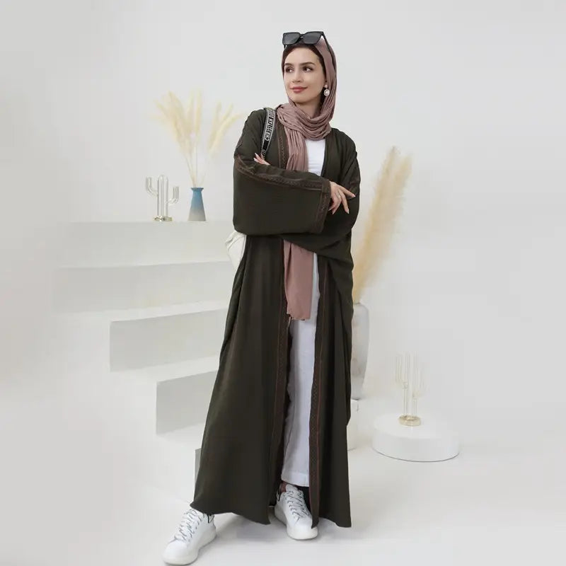 Embroidered Lace Cardigan Open Abaya Dress For Muslim Women