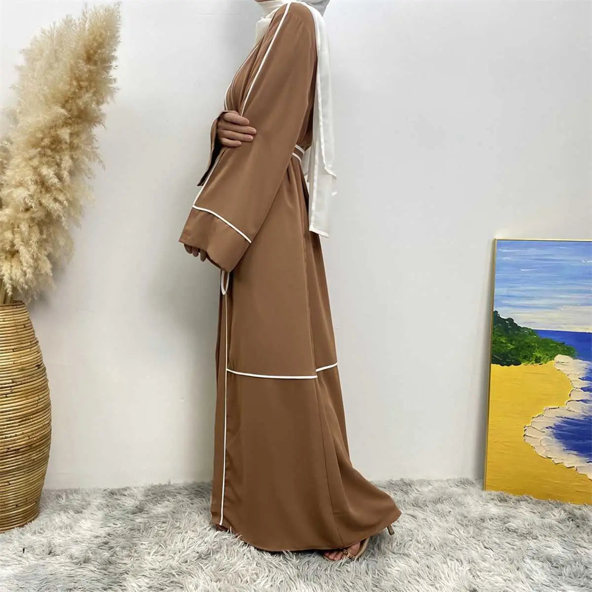 Muslim Women Stripe Open Cardigan Abaya Dress