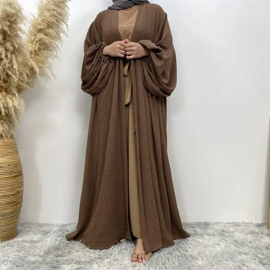Elastic Puff Sleeve Muslim Women Cardigan Open Abaya Dress