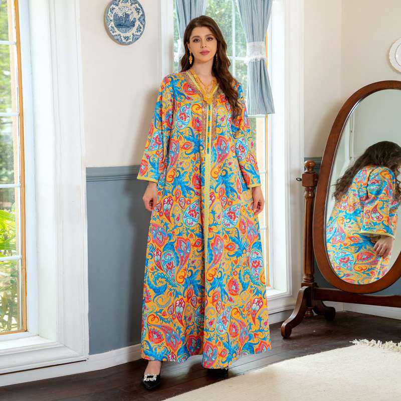 Eid Dress Hotfix Rhinestone Moroccan Floral Printed Caftan Kaftan Dress
