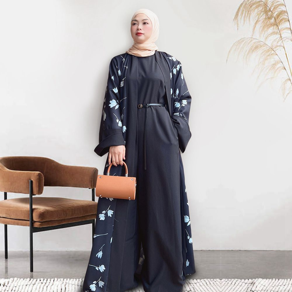 Muslim Women 2 Pieces Set Printed Open Abaya Dress With Inner Jumpsuit Dress