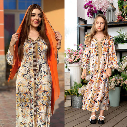 Eid Floral Printed Muslim Gril Kaftan Dress