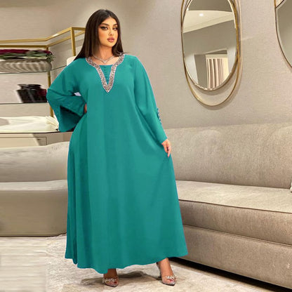 Middle East Hotfix Rhinestone Women Blue Caftan Kaftan Dress