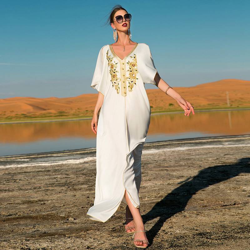 Golden Lace Embroidery Hand-stitched Rhinestone Evening Kaftan Dress Djebba Jebba Middle East