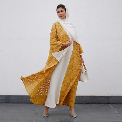 3 Pieces Set Hollow Out Cotton Cardigan Open Abaya Dress With Hijab