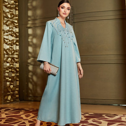 Teal Blue Hand-stitched Rhinestone Beads Arab Caftan Kaftan Dress